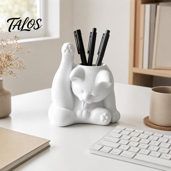 Talos Cat Pen Holder, Cute Resin Desk Organizer, Funny Figurine, Decorative Storage Statue for Office Supplies, Creative Desktop Home Decor
