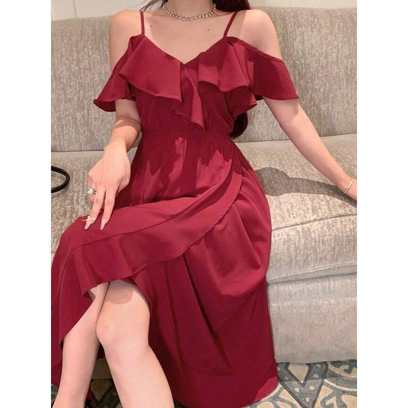 Foreign Trade Order 2025 Lady Temperament Elegant Beautiful Sling Frill off-Shoulder Sexy Irregular White Dress