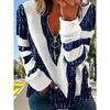 New Autumn and Winter Large Size Women's Large Striped Printed Zipper Long-sleeved Casual Round Neck T-shirt