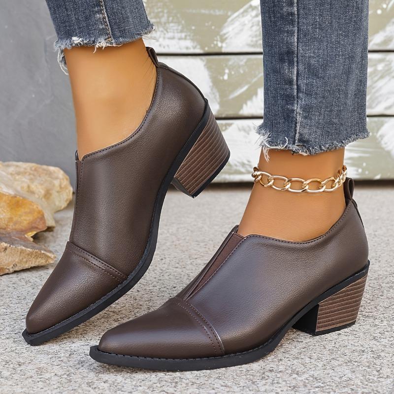 Western Style Elastic Single Shoes, British Style Pointed Toe, Thick Heel, Large Size Chelsea Small Leather Shoes for Women, 2025