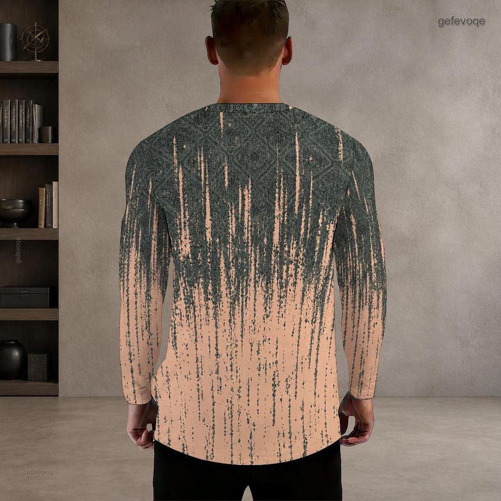 Men Plus Size Round Neck Long Sleeve Printed Gradient Striped Pullover T Shirt Straight Hem