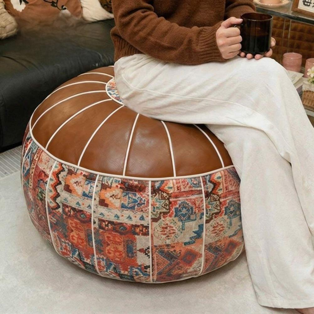 PU Leather Footstool Cover Boho Pattern Storage Ottoman New Round Pouf Cover Living Room