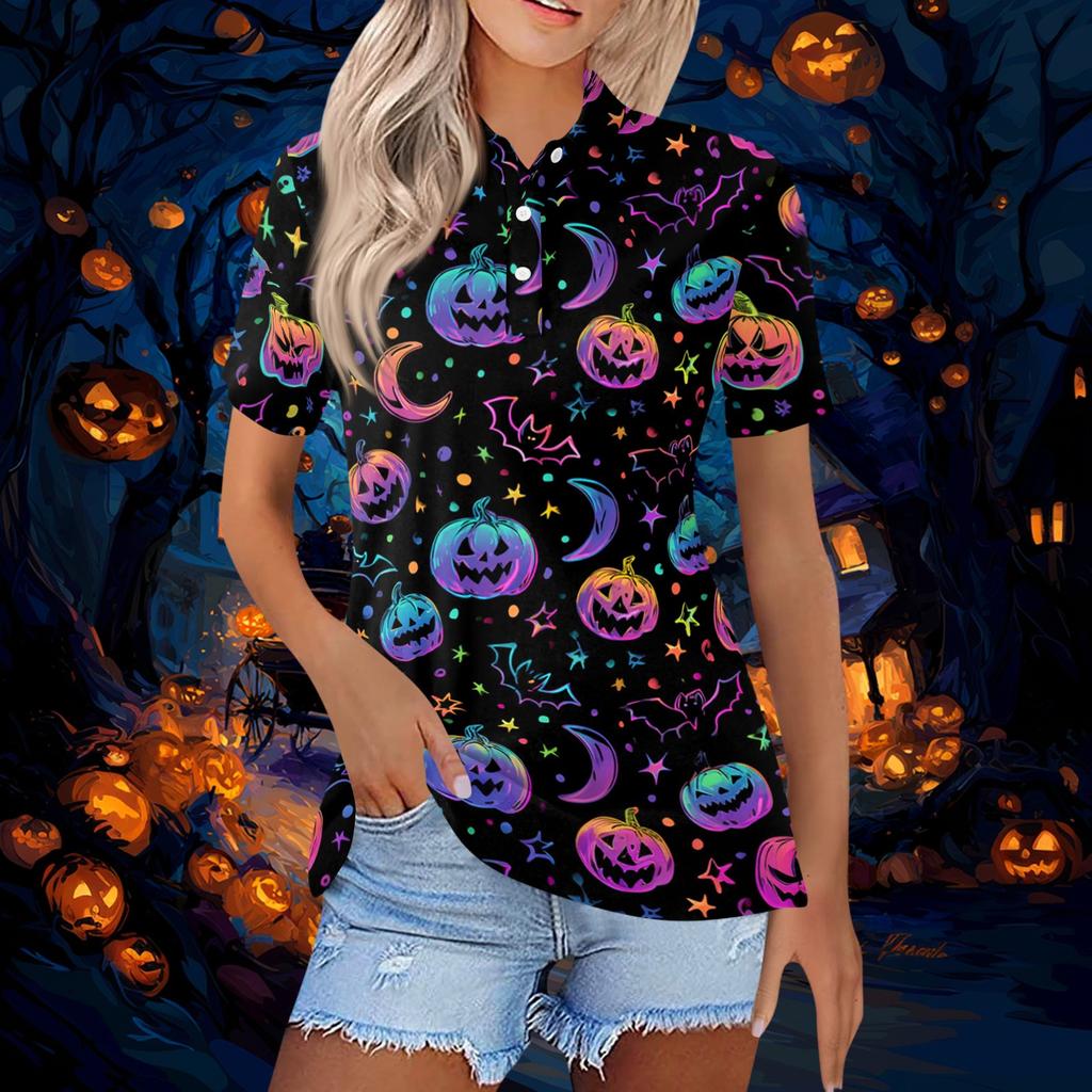 Women's Fashion Casual Button Front Short Sleeve Halloween Print Polo Shirt with Side Slits Lightweight Breathable Top