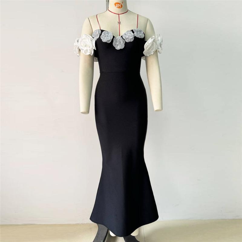 

New Evening Dress Elegant Fashion Off-Shoulder V-Neck Bandage Dress Sexy Party Fishtail Dress Outside L чёрный