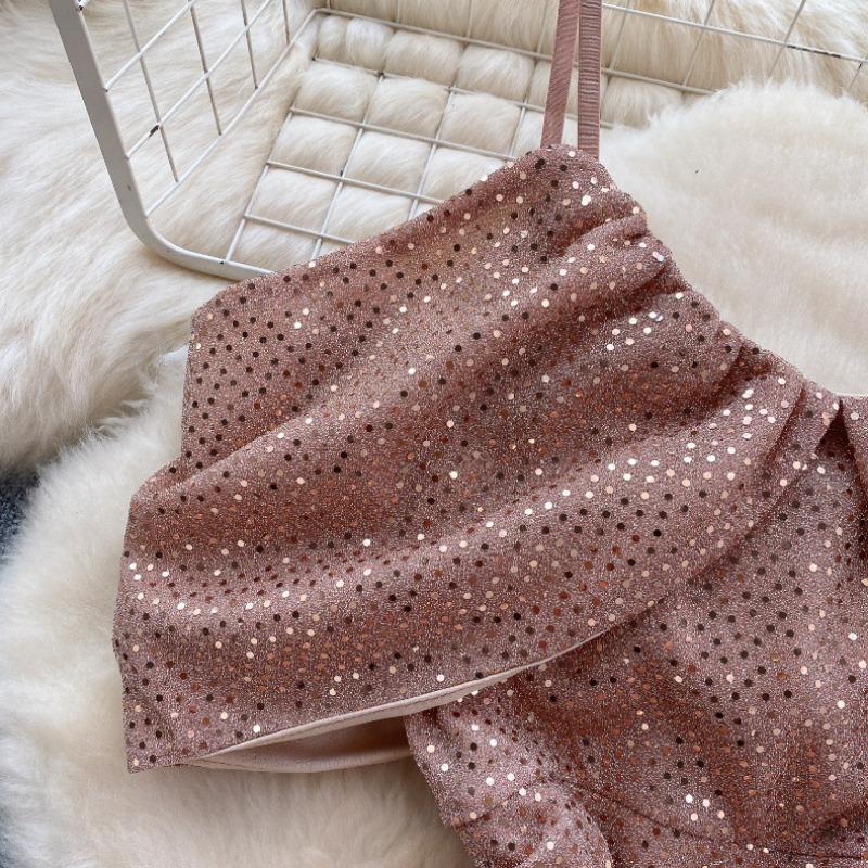 Women's Sequins Hip Pleated Slim Hollow Strapless Halter Short Dresses