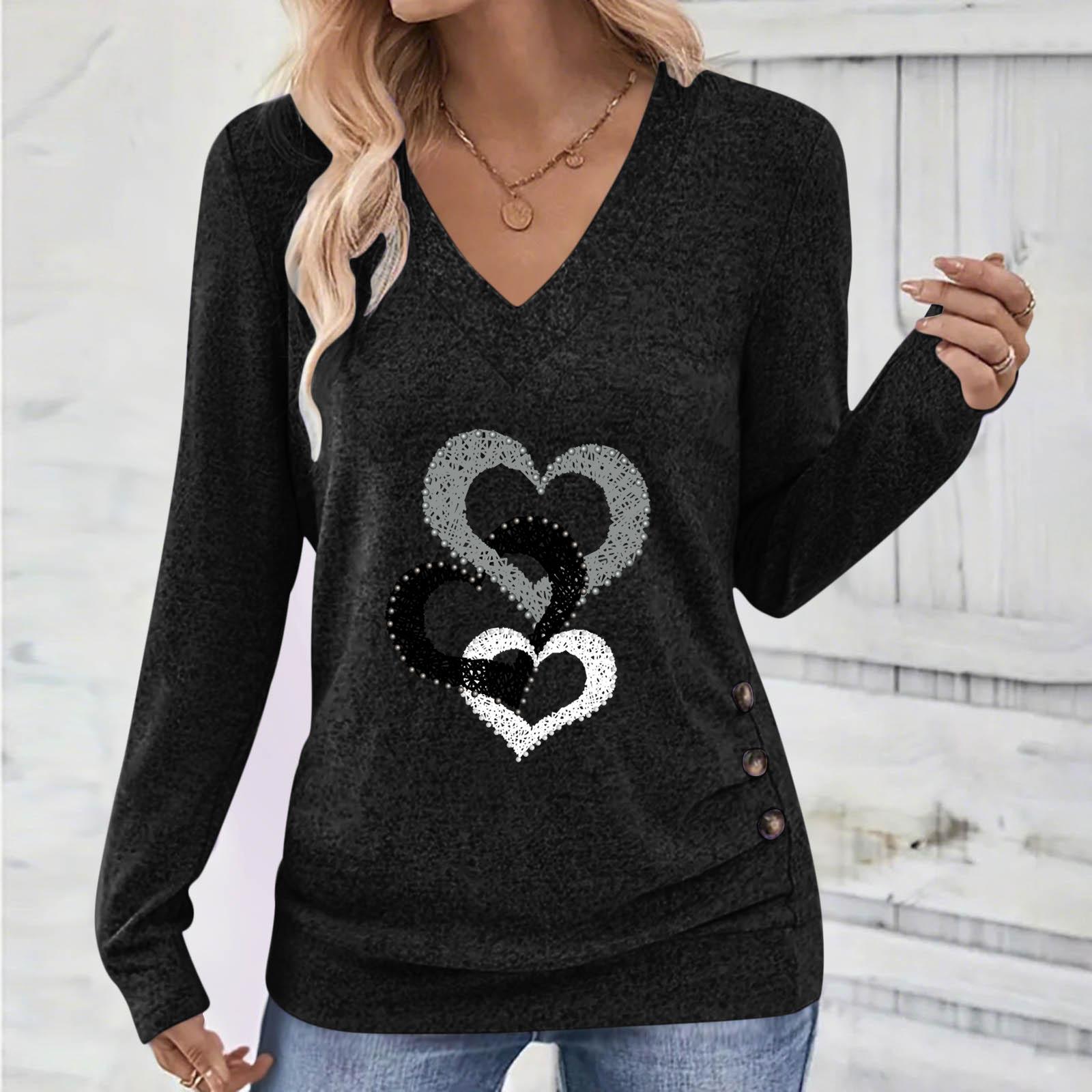 Women V Neck Long Sleeve Heart Print Button T Shirt S чёрный