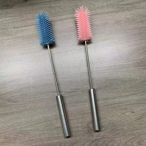 Silicone Bottle Brush with Stainless Steel Long Handle Press-Rotating Design Soft Bristle Cup Brush