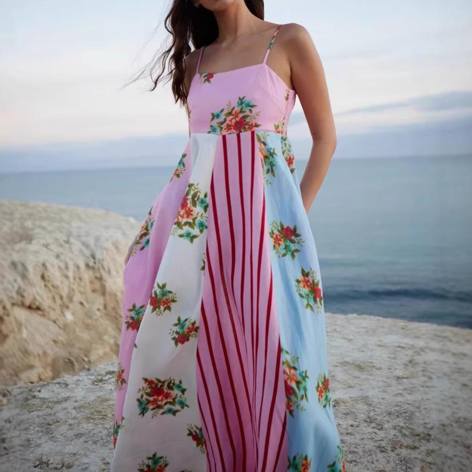 

Spring 2026 Elegant Spaghetti Strap Vacation Dress for Women - Printed Sleeveless Wide-Hem Design Extra Large