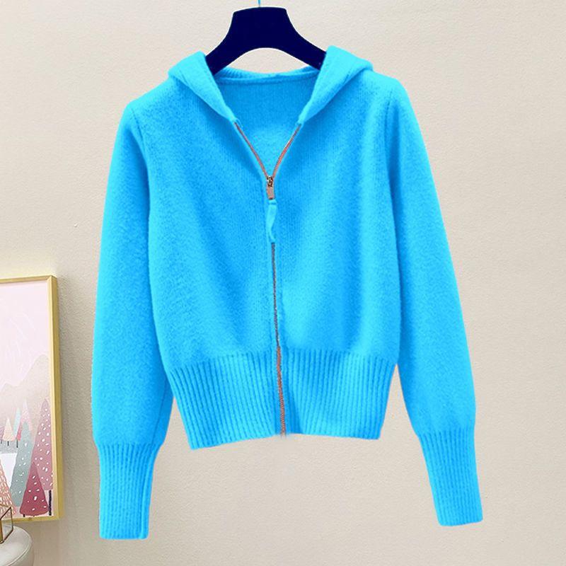 Women’s Short Hooded Knitted Cardigan Autumn Winter Loose Soft Solid Color Zippered Knitted Cardigan Knit Jacket