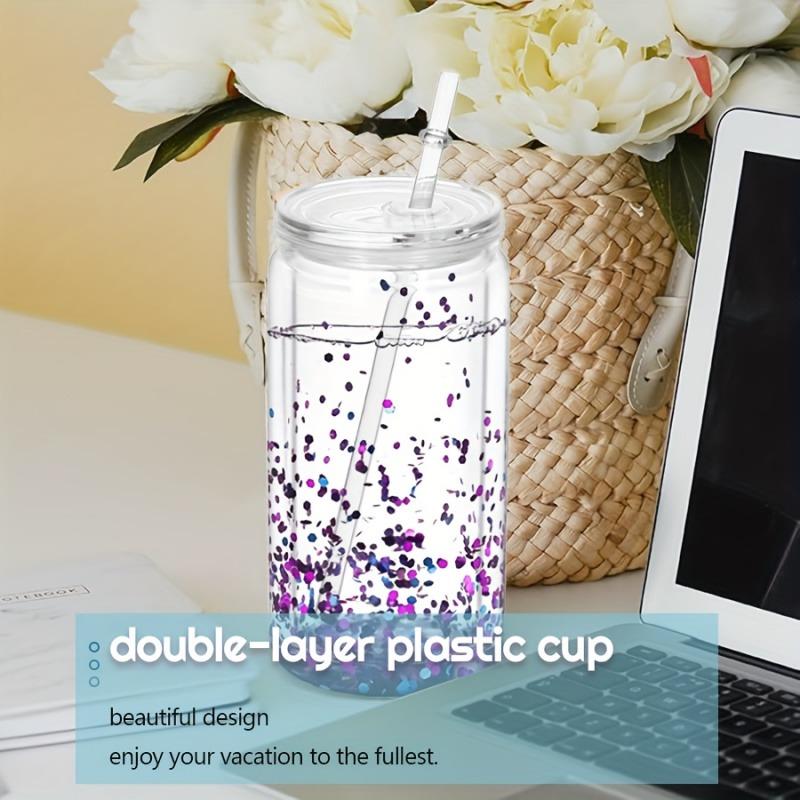 6PCS 16oz Clear Plastic Cup Bamboo Lids Straw Cup Double Wall Snow Globe Tumbler Pre-Drilled Water Bottle Mason Jar Mug Drinking