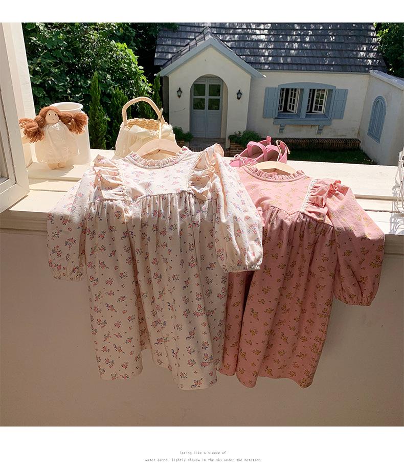 Spring 2026 Korean Style Children's Floral Dress with Stand Collar and Ruffle Lace - Long Sleeve Princess Skirt
