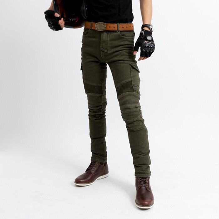Four-Season Motorcycle Riding Pants - Military Green/Black, Anti-Fall, Slim Fit Jeans