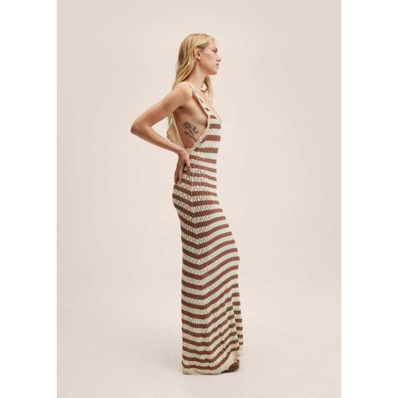 Summer Women's V-neck Sleeveless Striped Knit Backless Temperament Sexy Long Dresses