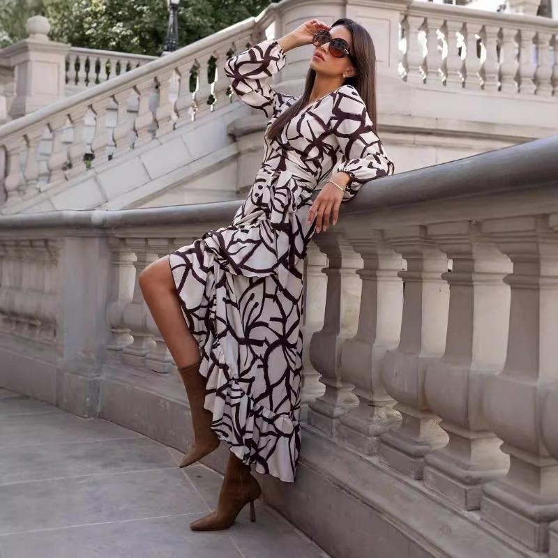 

Осеннее женское платье с V-образным вырезом, длинным рукавом, нестандартным принтом XXL абрикосовый