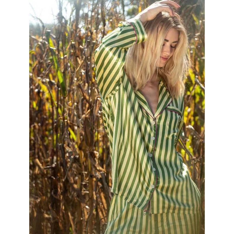 

French High Luxury ~ Weijia Artificial Silk Satin Pajamas Women s Retro Green Stripes Long Sleeves Pants Homewear Suit Secret Retro green stripes L