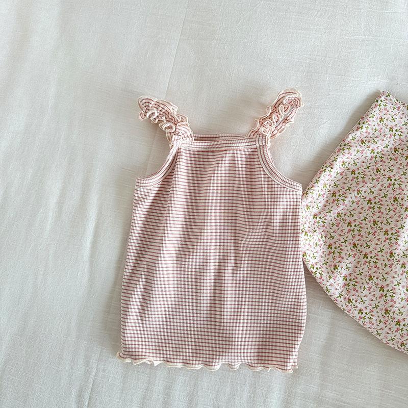 

Летняя коллекция для девочек, детская корейская универсальная и милая майка с цветной нитью в полоску 120