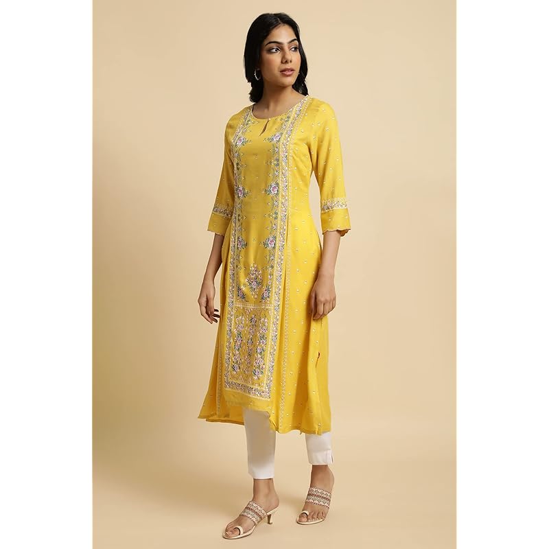 

W for Woman Yellow Glitter Printed A-line Kurta_23FEW18651-120059_S_8 S жёлтый
