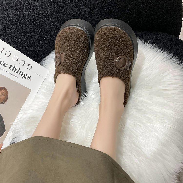 [Yushilai] Rundhuvad lammull enpedal dam 2025 vinter ny tjocksulad muffin vardaglig mångsidig bomullsmopp