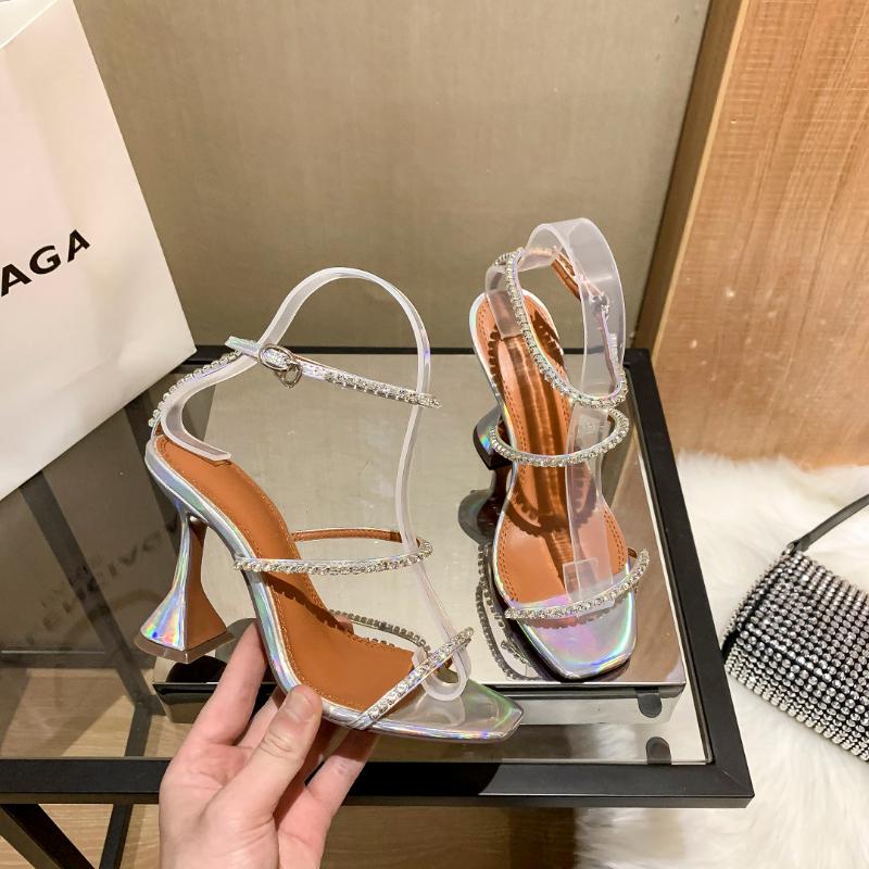 Dámské sandály s jedním páskem, nové pohádkové módní univerzální boty s čtvercovou špičkou a kamínky na vysokých podpatcích s otevřenou špičkou