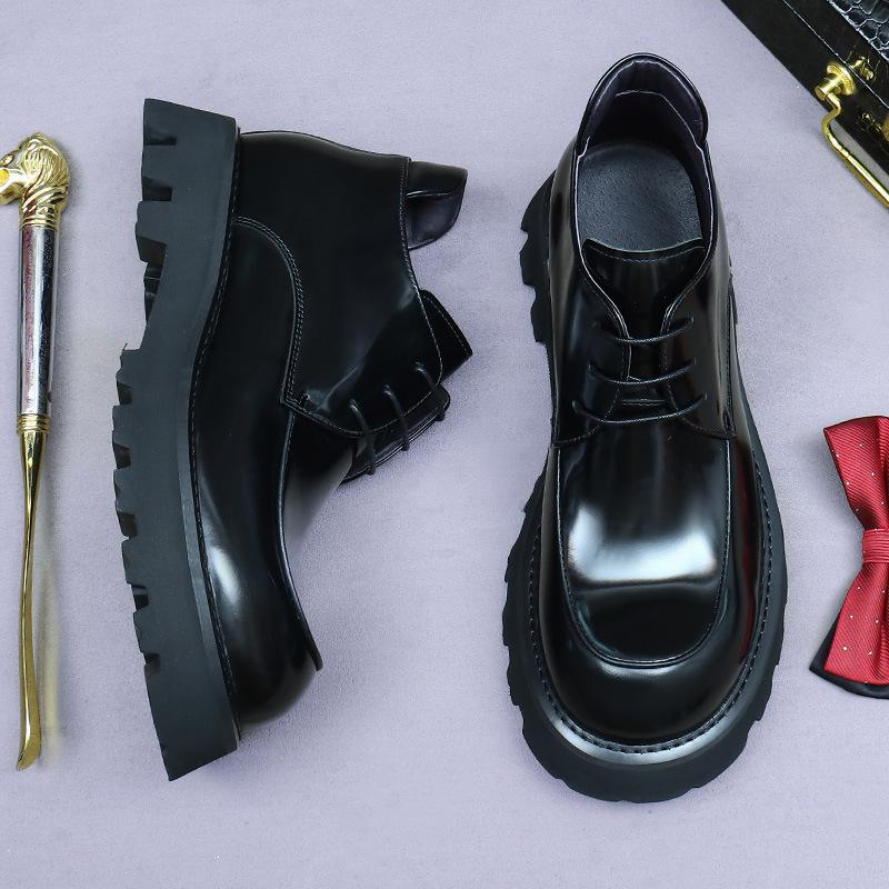 

Genuine leather men s cowhide thick-soled cowhide British lacquered bright leather non-slip fashion boots 46 чёрный