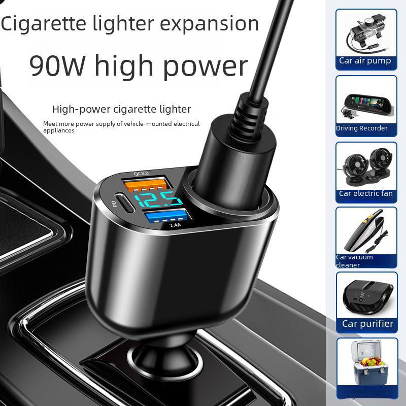 66W Multi-Function Fast Charging Car Charger with Digital Display: 30W PD, One-to-Four Cigarette Lighter Adapter
