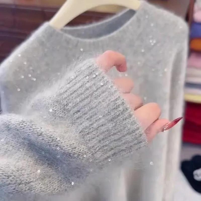 

Womens Luxury Fuzzy Knit Pullover With Sparkle Comfortable Daily Top M серый