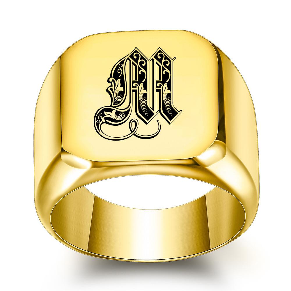 Europe, America 26 personalized English initials titanium steel ring male retro punk square 14MM gold trendy male wholesale