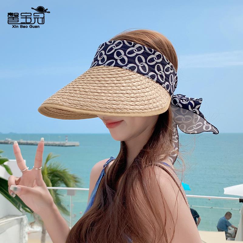8551 Straw Hat Children's Summer Big Eaves Seaside Beach Sunscreen Sun Hat Fashion Bow Ribbon Empty Top Hat