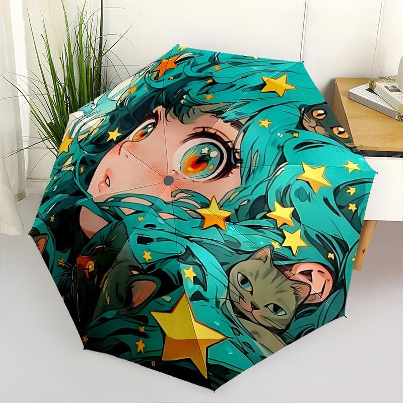 

1pc Starry Night Adventure Automatic Opening Folding Umbrella with Cats & Stars Design - Perfect for Fans, Travelers, Everyday Use, Festive Gift!