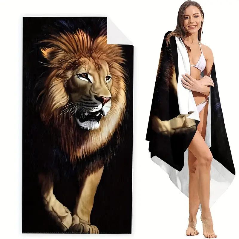 Majestic Beast Beach Towel Artistic White Tiger, Howling Wolf, Lion & Tiger Cub Design, Soft Sand-Free Towel for Pool & Travel 50x100cm