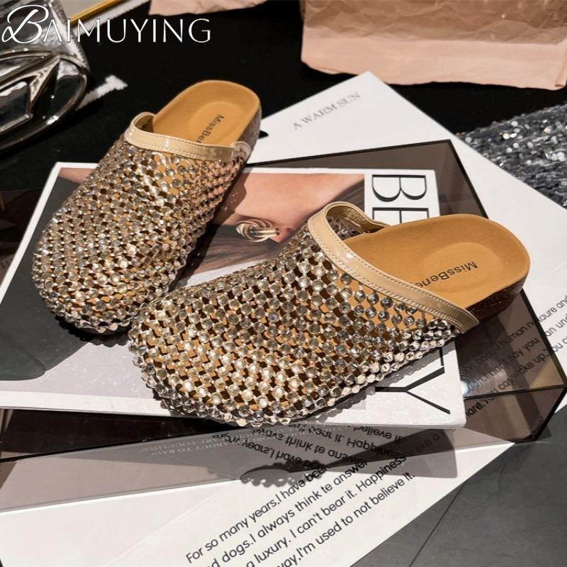 Crystal Mesh Flats Women Slippers Hollow Sandals Casual Mules Shoes Woman 2025 Summer Platform Flip Flops Slingback Mujer Slides