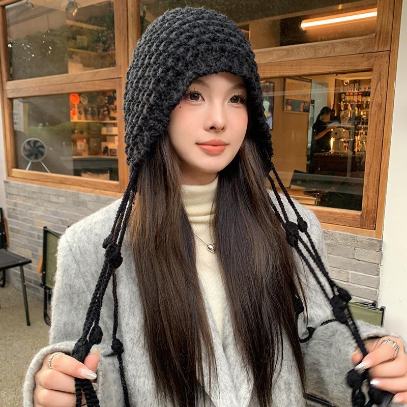 Autumn and winter warm wool hat, hand-woven hollow bald hat, women's fringed ear protector, sleeves, knitted hat