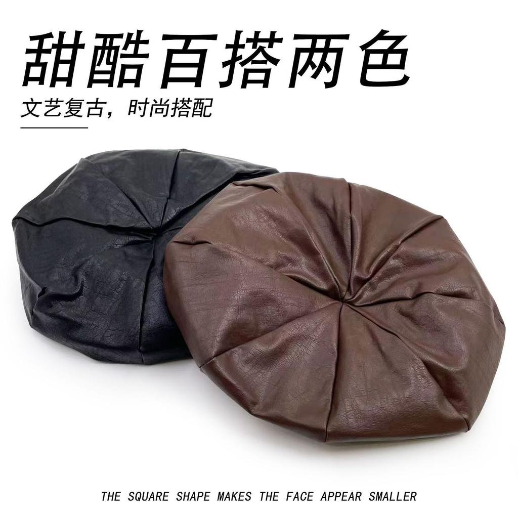 Autumn and winter bud hat PU leather warm cold fashion painter newsboy hat women's fashion versatile octagonal hat