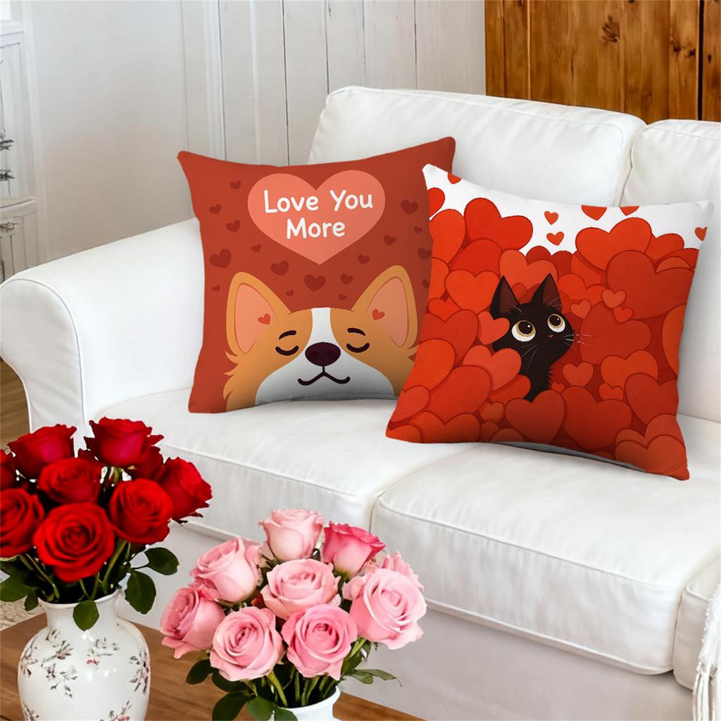 4pcs Valentine'S Day Throw Pillow Covers | Love You More Puppy Kitten Heart Designs, Zip Closure, Polyester
