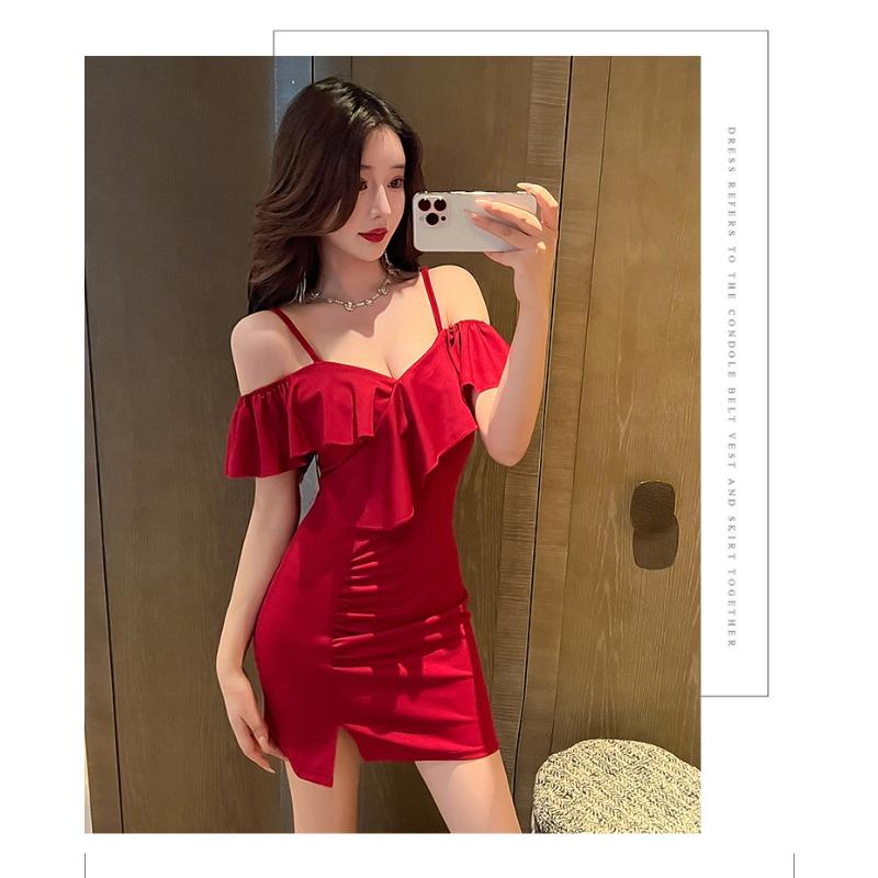 

Night show women s clothing sexy low-cut suspender backless pleated dress tight and thin skirt design niche short skirt L