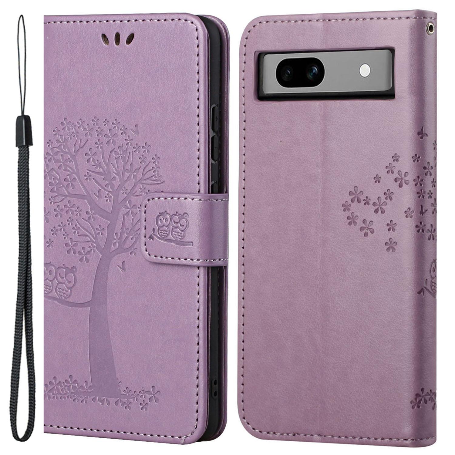 

For Google Pixel 8a Cell Phone Case Owl Tree Imprinted Leather Stand Wallet Cover Purple