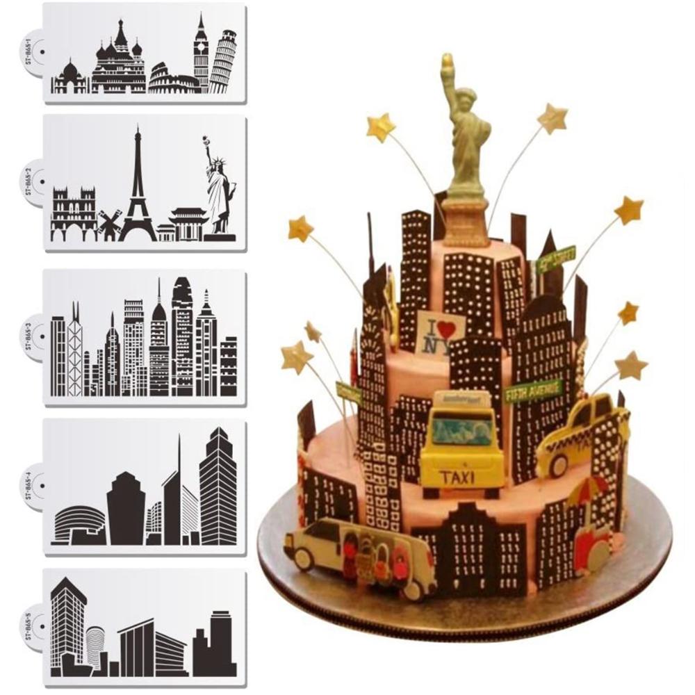 5Pcs Template Bakeware Plastic Cake Stencil Cake Decorating Tool Landmark Building Fondant Molds
