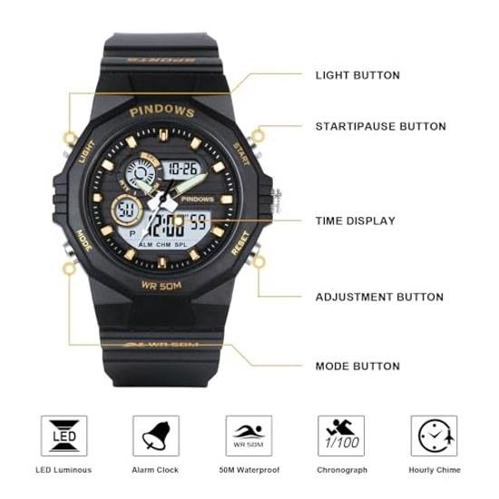 PINDOWS womens wristwatch 50M waterproof specification outdoor digital sports watch multifunctional LED backlight calendar alarm stopwatch.