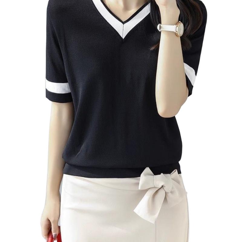Women's Korean-Style Slimming Versatile Fashion Knitted Top Loose Color-Block V-Neck Solid Color Short-Sleeve T-Shirt