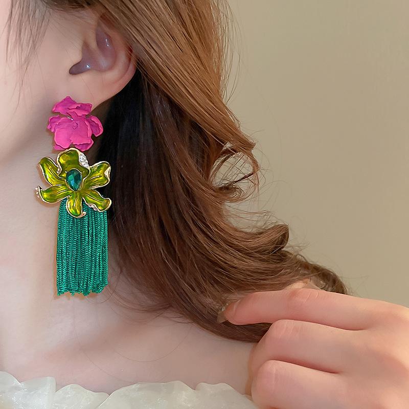 Oil drop diamond flower braided rope fringed silver needle earrings fashion French temperament earrings