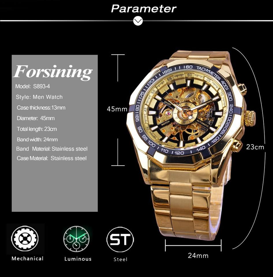 Forsining Hot Gold Men Automatic Mechanical Watches Luxury Skeleton Men's Gift Watch Stainless Steel Wristwatches Luminous