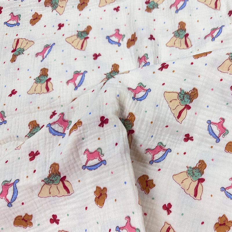 Double-Layer Printed Cotton Crepe Nightgown with Wrinkled Fabric