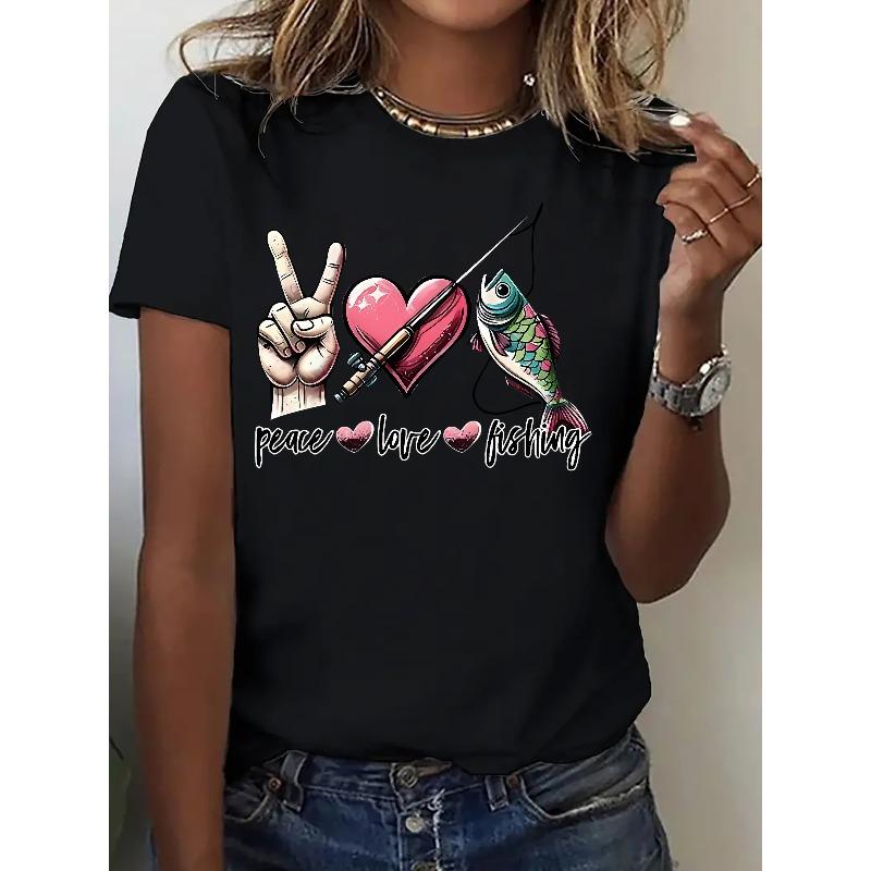 

European Size Women s Casual Graphic T-Shirt - Peace Love Fishing Design with Vibrant Fish & Heart Print, Relaxed Fit Round Neck 4XL чорний