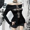 Goth Dark Sexy Lace Patchwork Cross Long Sleeve Pulloves T-shirts Y2K Women Streetwear Mall Gothic Slim Tops T-shirt
