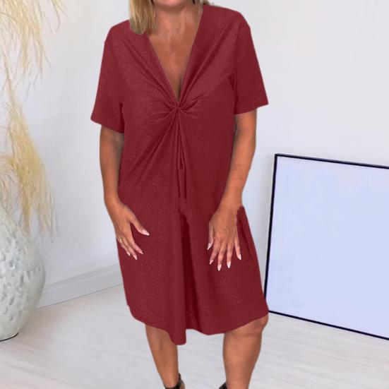 

Летние женщины Глубокий V-образный вырез с короткими рукавами Узел Плиссированные длиной до колена Свободные Чистый цвет Повседневная повседневная одежда M чёрный