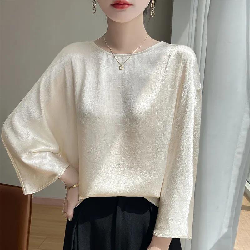 Women s Elegant Satin Batwing Sleeve Blouse Loose Fit Crew Neck Solid Color Casual Top M