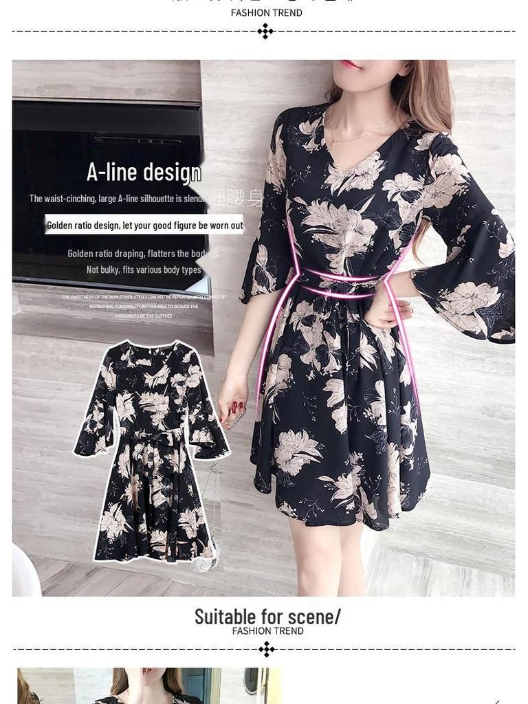 Trendiges Sommer 2019 Blumenmuster Schlankmachendes Koreanischer Stil Kleid für Frauen und Studentinnen