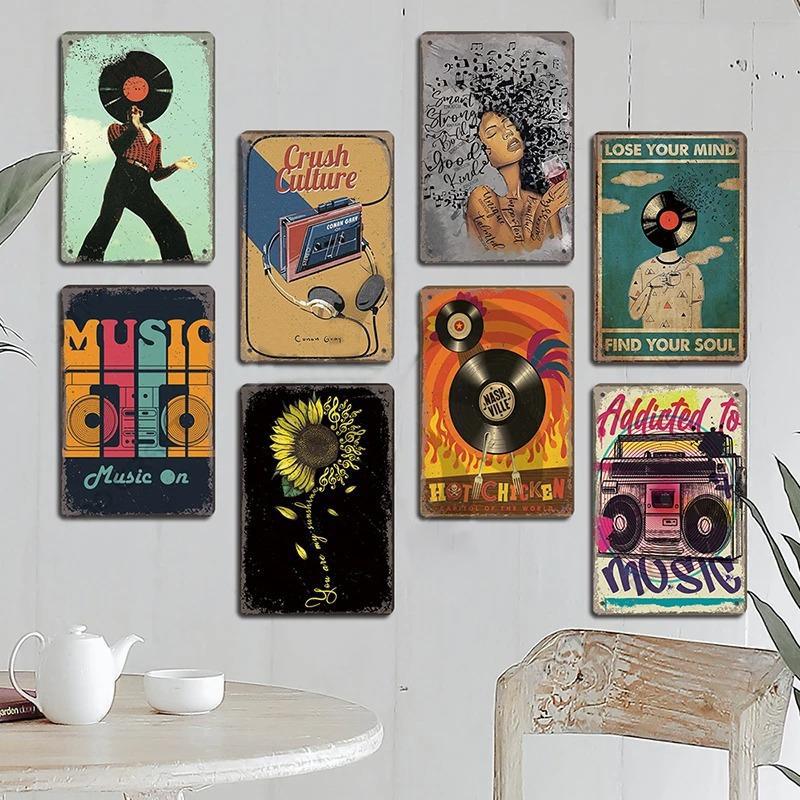 Vintage Music Posters Metal Tin Signs Retro Metal Plate Music CD Radio Guitar Singer Bar Club Wall Decor Living Room