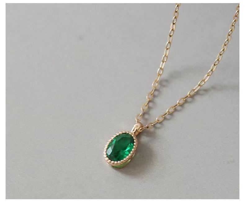 14K Gold-Plated Sterling Silver Necklace with Oval Emerald Pendant - Luxury Clavicle Chain for Women