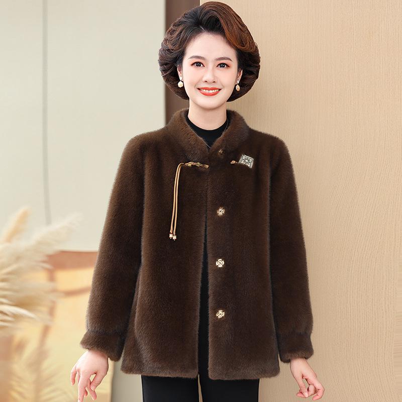 Elegant Short Winter Coat for Middle-Aged Women - Faux Mink Leather and Fur, New Chinese Style.